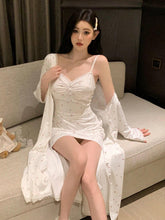 Contrast Floral Lace and Ruffle Sleep Dress Set White Lingerie
